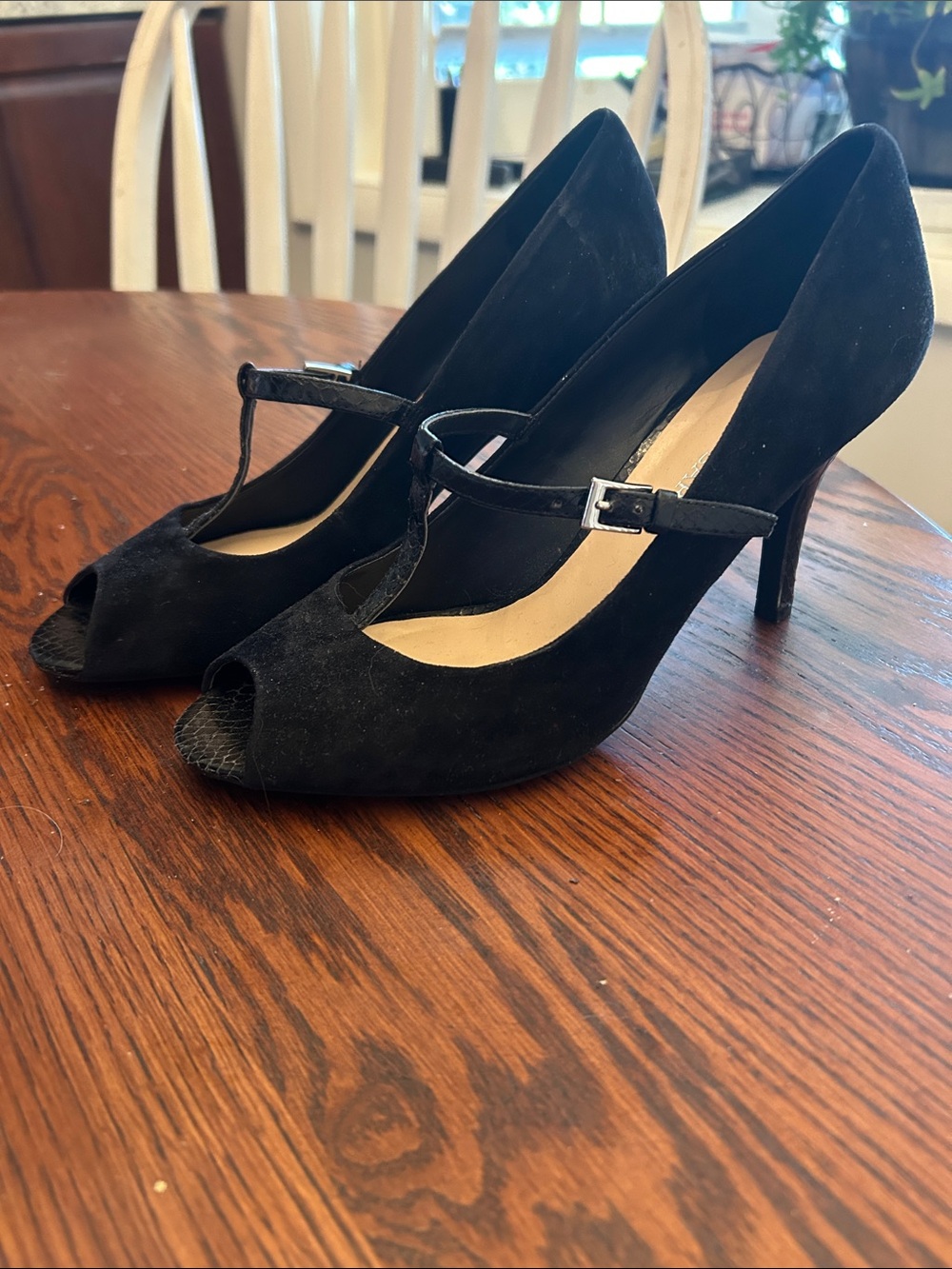 Classic Black Suede Peep-Toe Mary Jane Heels